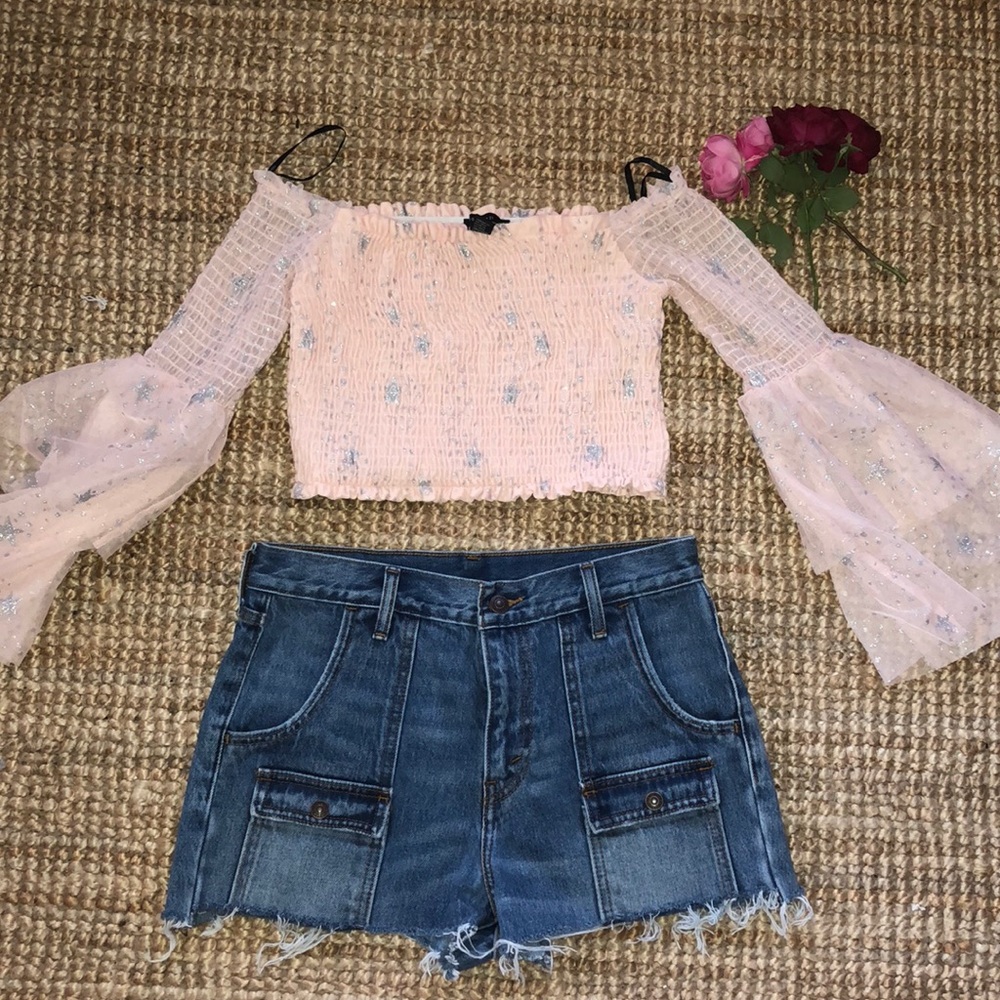 SALE Off the shoulder flare sleeve crop top